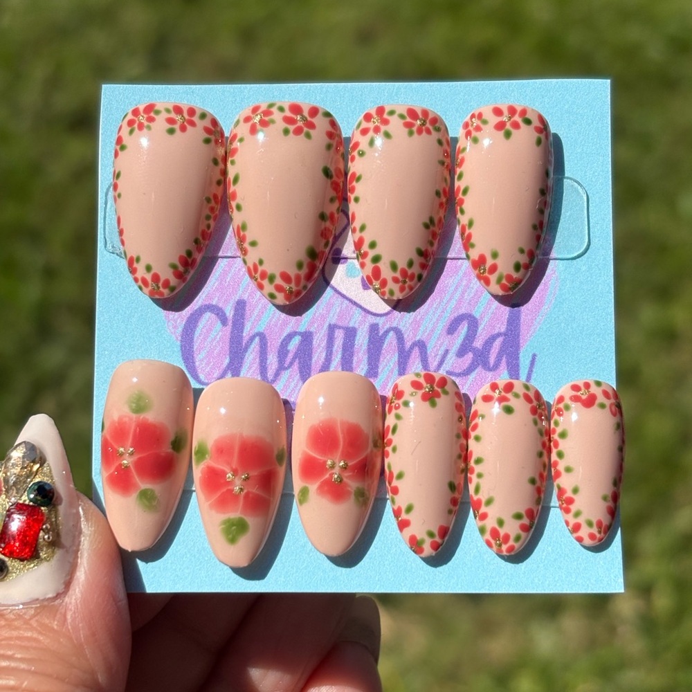 Floral Nail Art Set with Red and Green Accents